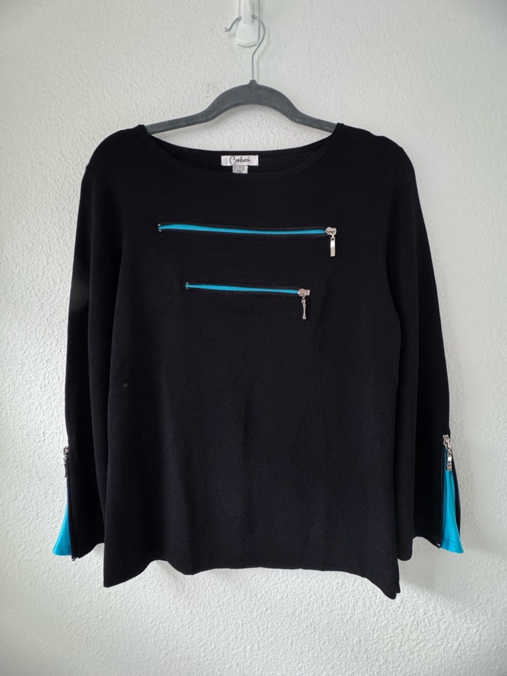 Carducci Black Knit Top with Turquoise & Zipper Accents Long Sleeve Large